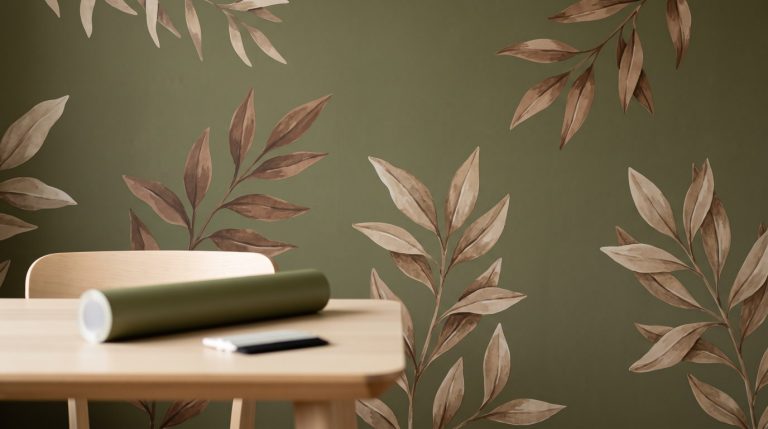 Mur vert olive mat orné de grands stickers muraux en forme de feuillages beiges, avec un rouleau de vinyle adhésif posé sur une table en bois clair