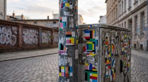 Poteau et boîtier électriques d'une rue pavée recouverts de dizaines d'autocollants colorés superposés, mur de graffitis en arrière-plan