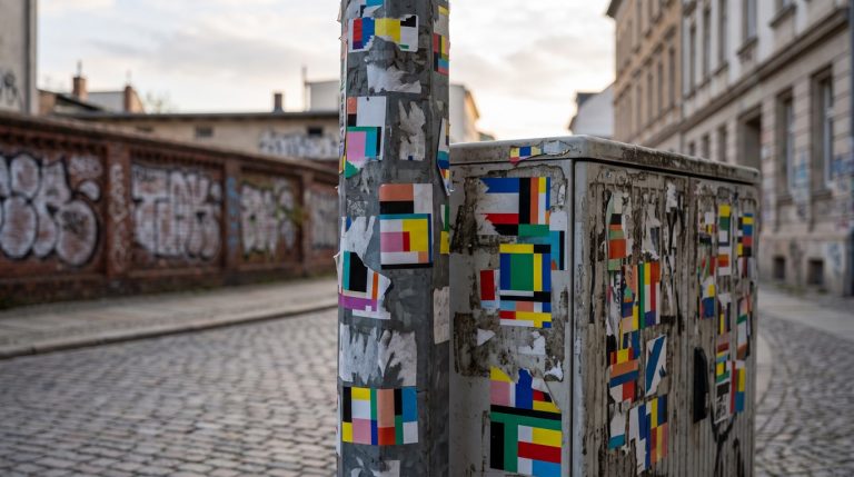Poteau et boîtier électriques d'une rue pavée recouverts de dizaines d'autocollants colorés superposés, mur de graffitis en arrière-plan