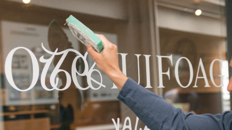 Pose d'un lettrage dépoli sur une vitrine