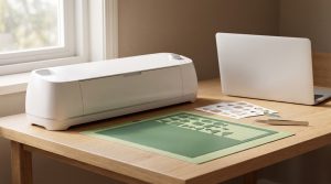 Machine de découpe de bureau posée sur un plan de travail en bois clair, avec un tapis de découpe vert et des formes en vinyle découpées