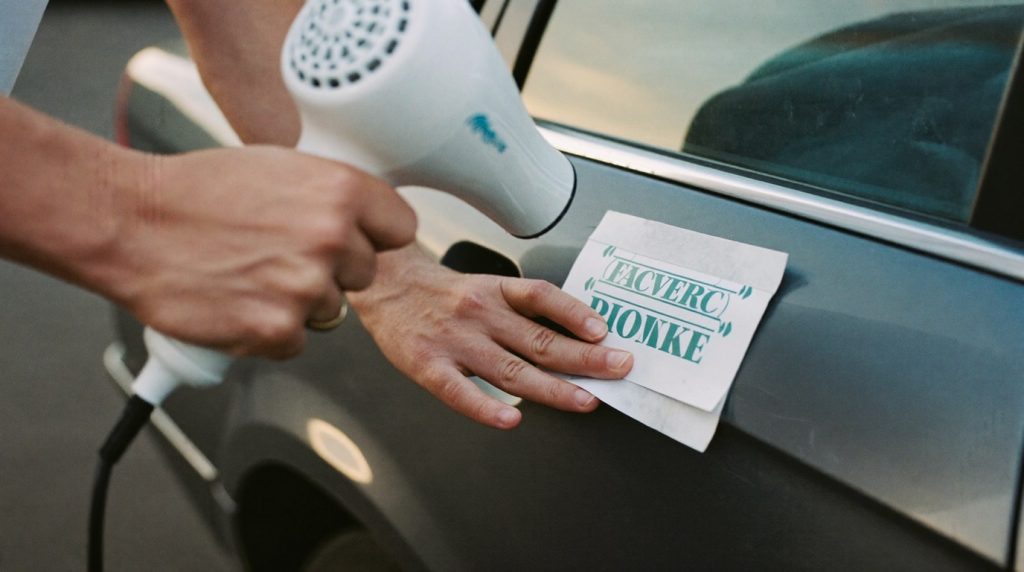Sticker décollé d'une portière de voiture à l'aide d'un sèche-cheveux