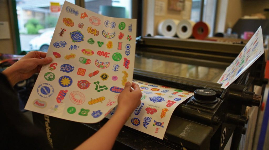 Planche de stickers fraîchement imprimée examinée à la sortie d'une imprimante grand format