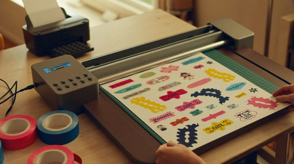 Découpeuse vinyle détourant une planche de stickers imprimée sur son tapis de découpe