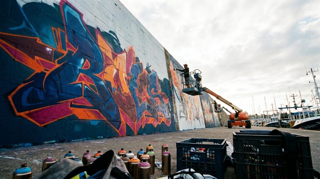 Fresque de graffiti colorée en cours de réalisation sur un mur de quai portuaire, bateaux de pêche en arrière-plan