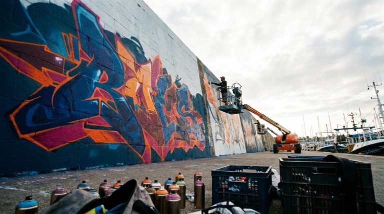 Fresque de graffiti colorée en cours de réalisation sur un mur de quai portuaire, bateaux de pêche en arrière-plan