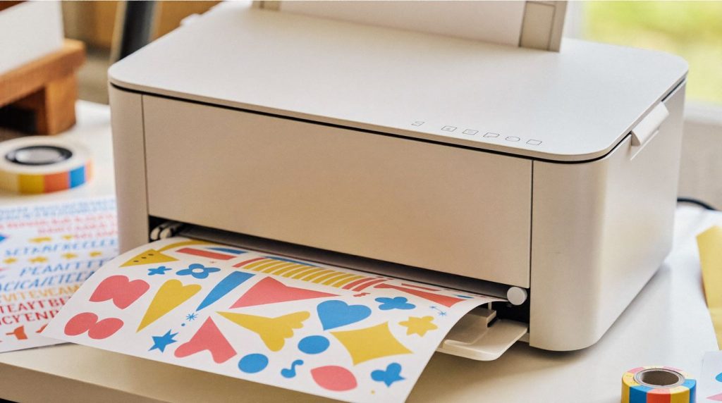 Imprimante jet d’encre imprimant une planche de stickers aux formes colorées sur un établi d’atelier
