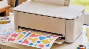 Imprimante jet d’encre imprimant une planche de stickers aux formes colorées sur un établi d’atelier