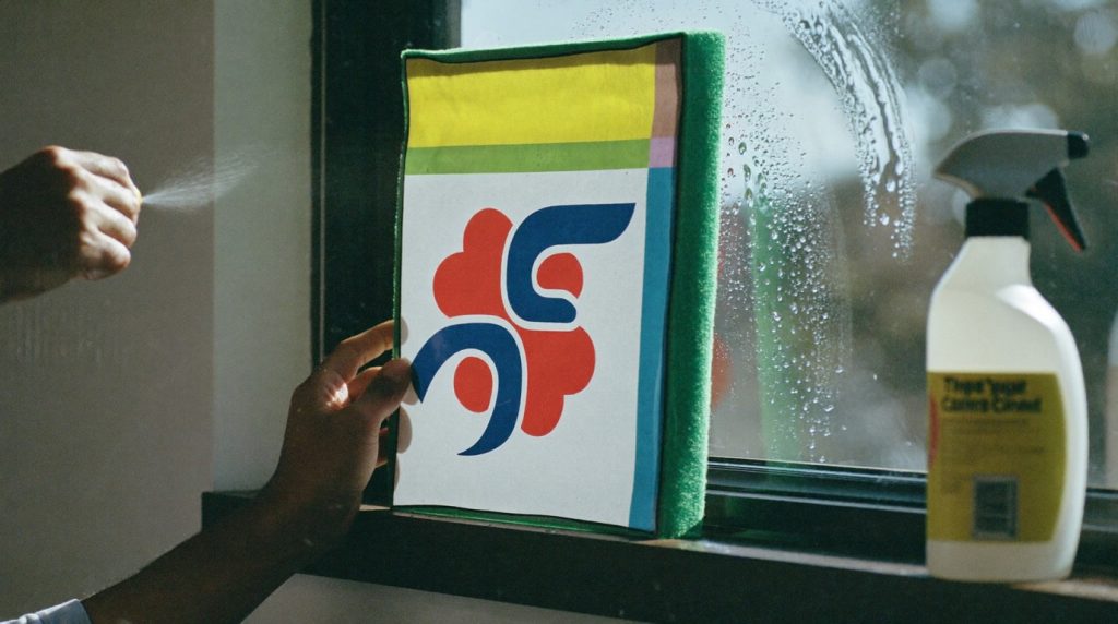Pose à l'eau d'un sticker sur une vitre, pulvérisateur à la main