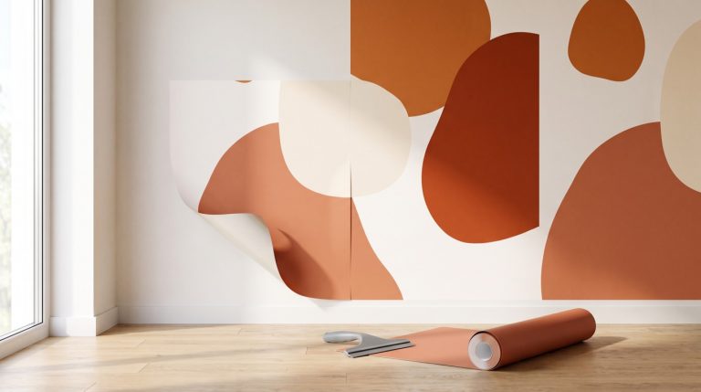 Mur de salon décoré avec de grandes formes adhésives terracotta, un rouleau de film et une raclette posés au sol