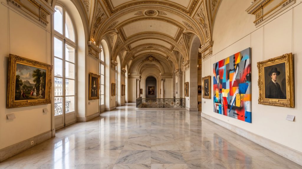 Galerie de musée classique aux dorures, une toile d'art urbain colorée accrochée entre des tableaux anciens