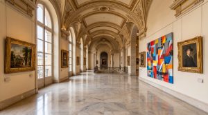 Galerie de musée classique aux dorures, une toile d'art urbain colorée accrochée entre des tableaux anciens