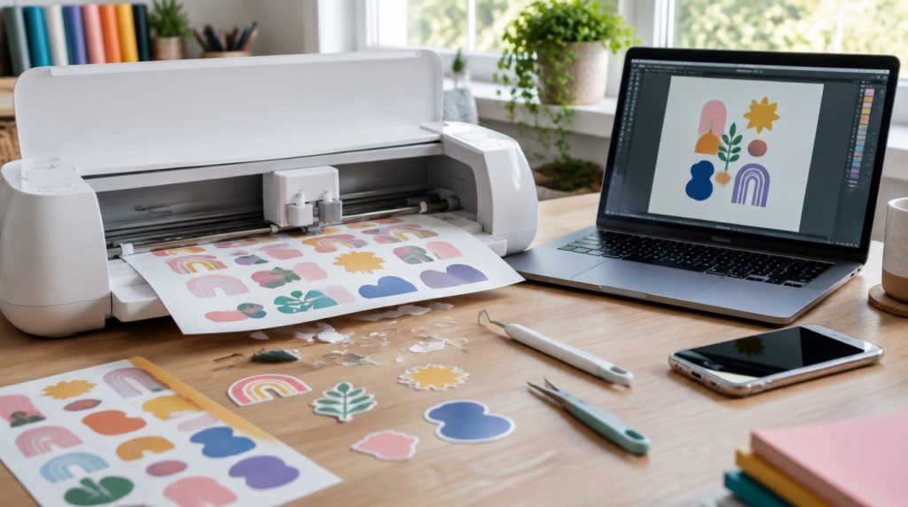 Découpeuse de stickers sur un bureau créatif avec un ordinateur portable affichant des motifs à découper
