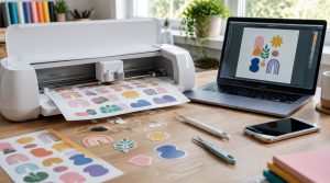 Découpeuse de stickers sur un bureau créatif avec un ordinateur portable affichant des motifs à découper