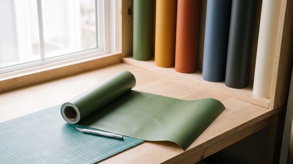 Rouleaux de vinyle adhesif de couleur ranges debout et un rouleau vert deroule sur un plan de travail