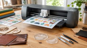 Machine de découpe compacte grise découpant une planche de stickers, avec cuir, bois et acrylique gravé sur un plan de travail