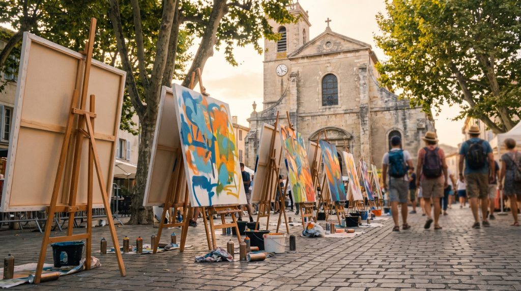 Grandes toiles peintes en direct sur chevalets, place d'une ville, lors d'un festival de street art