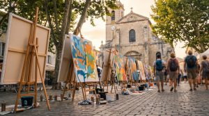 Grandes toiles peintes en direct sur chevalets, place d'une ville, lors d'un festival de street art