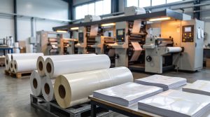 Bobines de vinyle adhésif vierge et planches de stickers découpées dans un atelier d’impression d’étiquettes