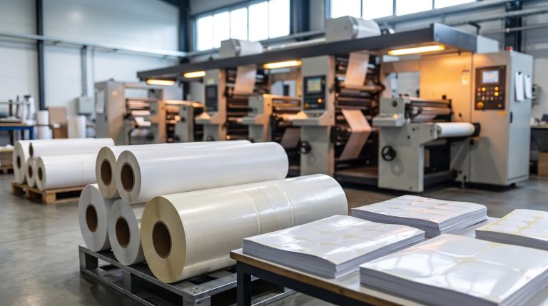 Bobines de vinyle adhésif vierge et planches de stickers découpées dans un atelier d’impression d’étiquettes