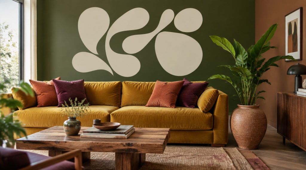 Salon aux murs vert olive et brun tabac avec canapé moutarde et grand sticker mural aux formes organiques