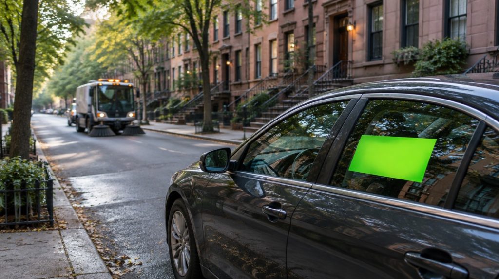 Voiture garée dans une rue de New York avec un autocollant vert fluo sur la vitre, une balayeuse en arrière-plan