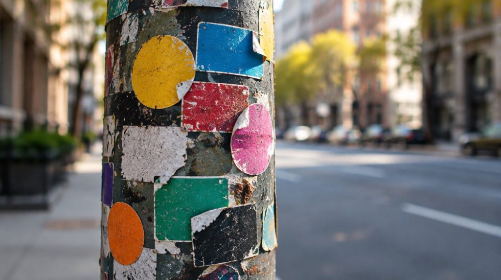 Poteau urbain recouvert de stickers colorés usés dans une rue de ville