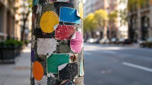 Poteau urbain recouvert de stickers colorés usés dans une rue de ville