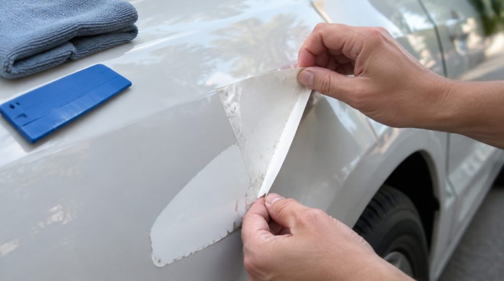 Mains décollant lentement un vieux sticker blanc sur la carrosserie d'une voiture, spatule en plastique et chiffon microfibre posés à côté