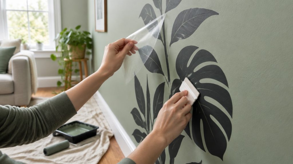 Pose d’un sticker mural en forme de feuillage noir sur un mur peint en vert sauge, avec une raclette et le film de transfert