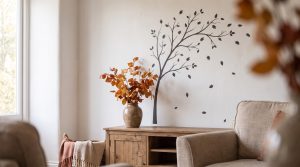 Sticker mural en forme d'arbre aux feuilles emportées par le vent, posé sur un mur clair au-dessus d'un meuble en bois et d'un vase de feuillages d'automne
