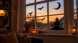 Fenêtre de salon décorée de stickers d'Halloween en silhouette noire, chauves-souris, lune et maison hantée, avec une citrouille lumineuse