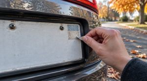 Main décollant une ancienne vignette d’immatriculation au coin d’une plaque de voiture en automne