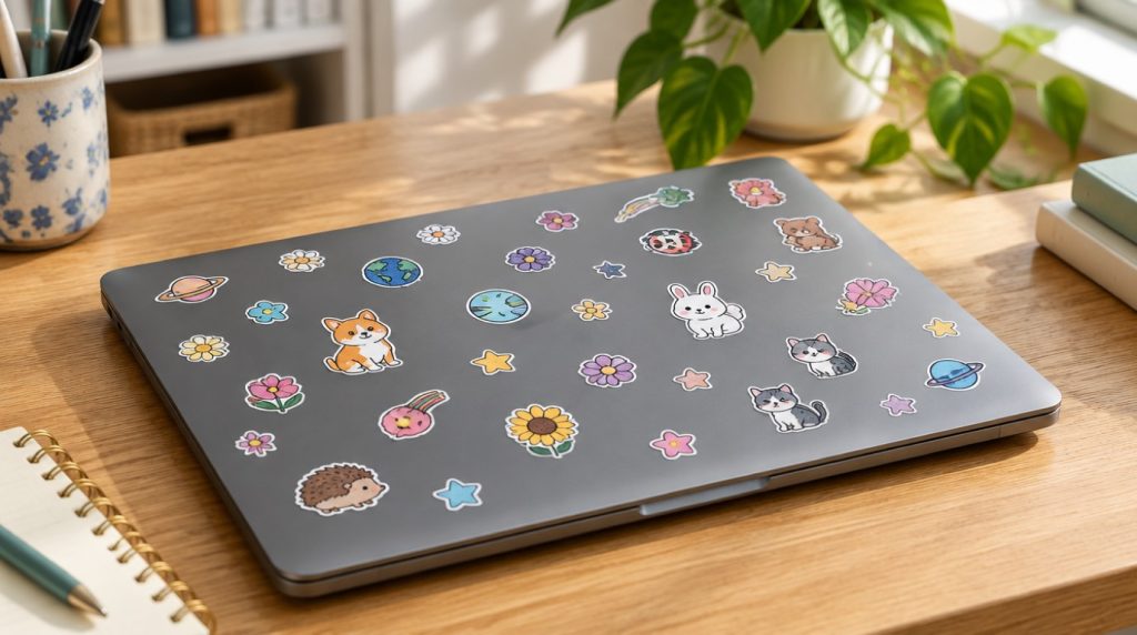 Ordinateur portable fermé sur un bureau en bois, couvercle décoré de petits stickers de fleurs, d’étoiles, de planètes et d’animaux
