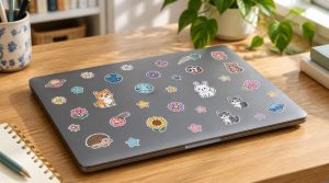Ordinateur portable fermé sur un bureau en bois, couvercle décoré de petits stickers de fleurs, d’étoiles, de planètes et d’animaux