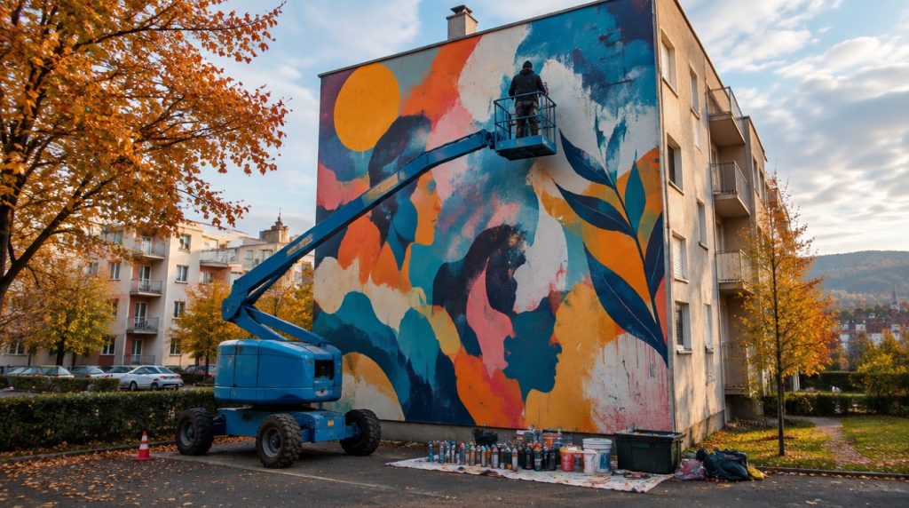 Artiste peignant une grande fresque colorée sur la façade d’un immeuble depuis une nacelle, en automne